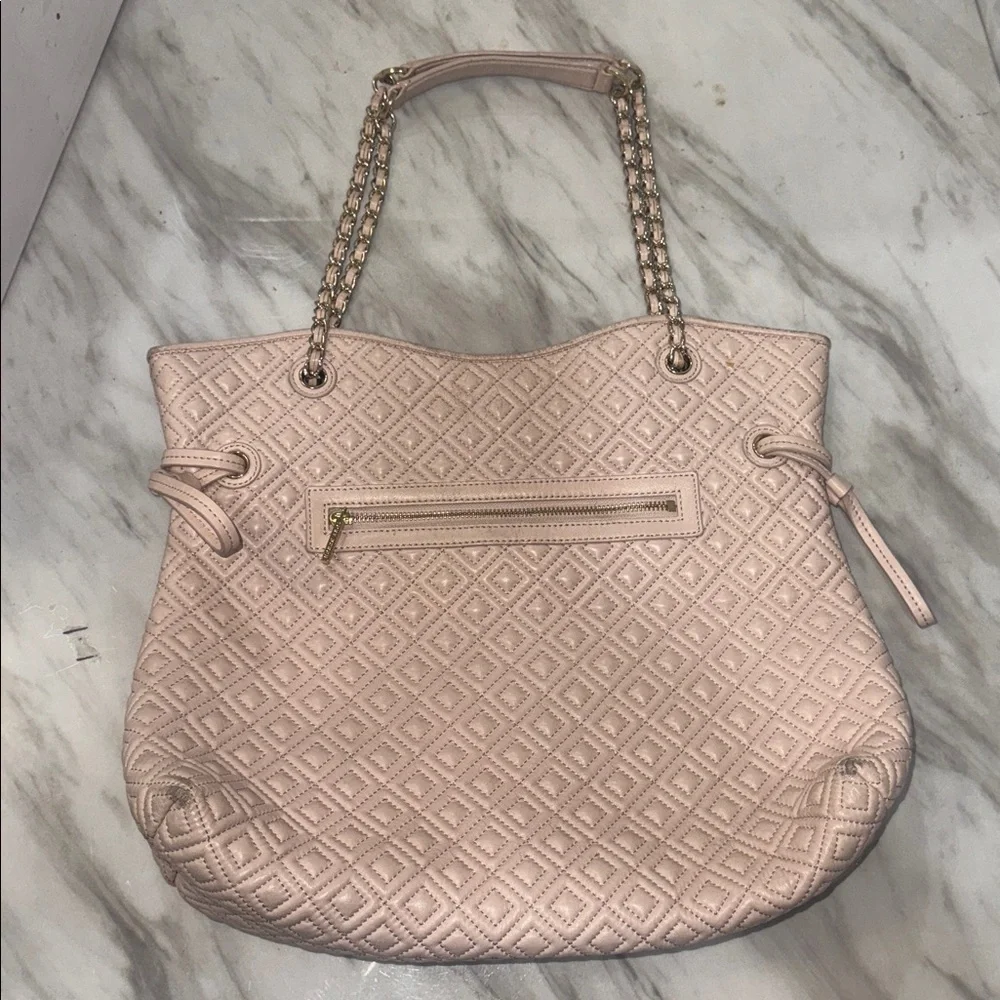 Tory Burch Marion Quilted Leather Slouchy Tote Shoulder Bag Peach Colored
